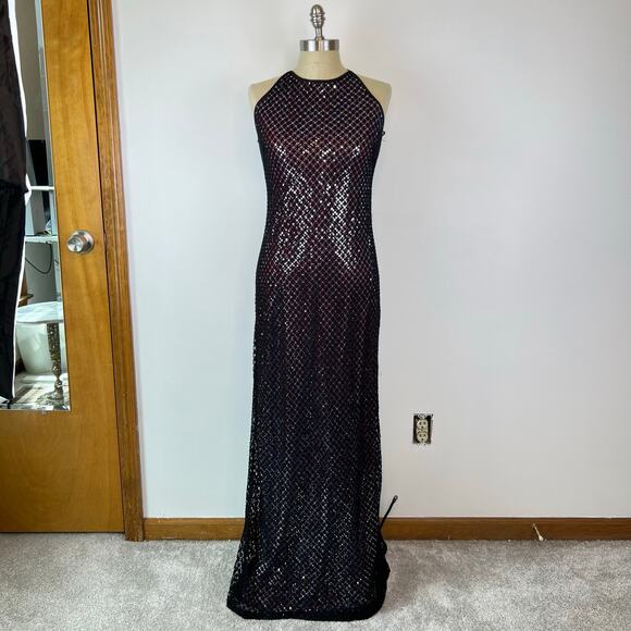 90’s Y2K Rampage Black Overlay Metallic Silver Halter Maxi Occasion Dress (Sz M) - Picture 13 of 16
